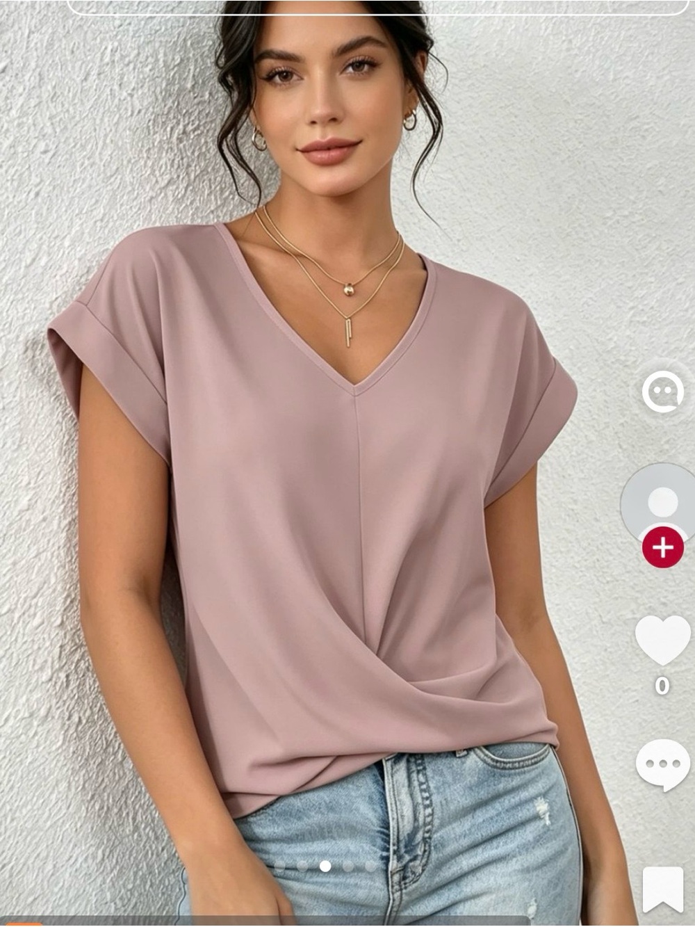 V-Neck Draped Short Sleeve Tee in Mauve Pink